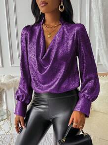 VaVaBold Elegante romantische damesblouse met kralenhalslijn, gemaakt van glanzende stof