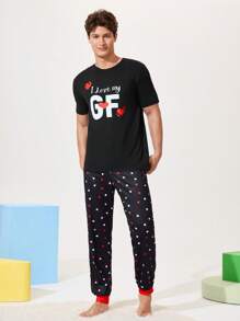 SHEIN Men's Casual Letter Print Round Neck Short Sleeve Loungewear Top - Black - View 2