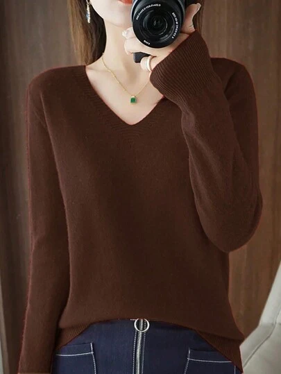 EMERY ROSE 女士休闲纯色V领针织毛衣，适合秋冬季穿着，针织套头衫，秋季毛衣
