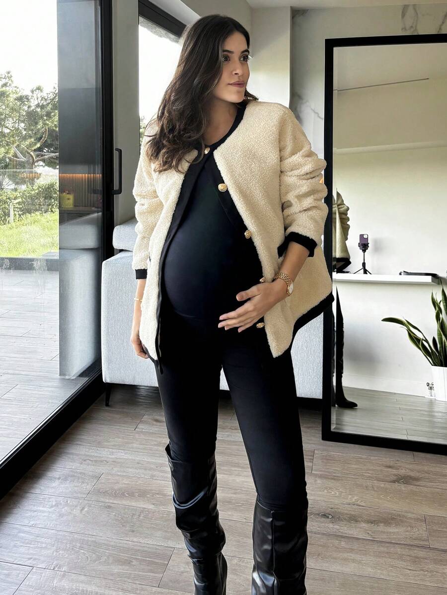 SHEIN 孕妇秋冬休闲撞色绑带纽扣前开襟泰迪熊大衣 - 杏色 - 查看 1