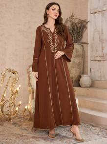 Al Najma Women's V-Neck Pullover Gold Embroidery Tunic & Traditional Long Dress Kaftan Jalabiya Dress - Brown - View 6