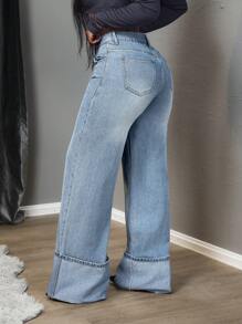 Slaydiva Jeans sencillos con bolsillo y botones delanteros para mujer, para uso casual diario - Lavado ligero - Ver 7