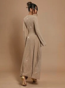 COSMINA Women's Round Neck Long Sleeve Sequin Asymmetric Hem Elegant Dress - Brown - View 2