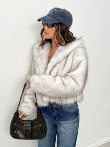 SHEIN PETITE Women Fashion Fluffy Faux Fur Coat In Fall/Winter - White - View 7