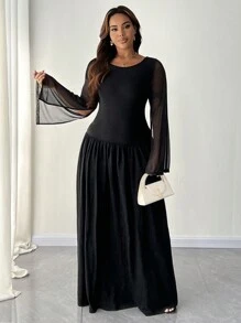 SHEIN Unity Plus Size Women Crew Neck Long Sleeve Black Ruffle Hem Elegant Party Dress Maxi Women Outfit Fall Cloth For Women - Black - View 1