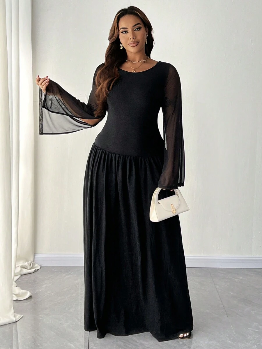 SHEIN Unity Plus Size Women Crew Neck Long Sleeve Black Ruffle Hem Elegant Party Dress Maxi Women Outfit Fall Cloth For Women - Black - View 1