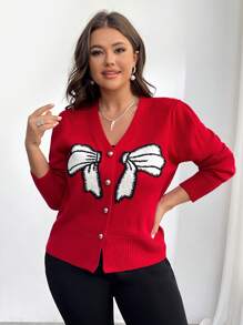 SHEIN Frenchy Damen Große Größen Weihnachten Schmetterling V-Ausschnitt Strickjacke - Rot - Übersicht 5