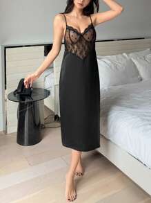 DAZY Camisón sexy de mujer con contraste de encaje, lunares y tiras de malla