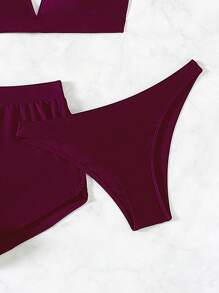 SHEIN Swim 2026 Spring/Summer 3pcs Set Purple V-Neck Halter Bikini Top + Triangle Bottoms + Briefs Bikini Set - Red Violet - View 4