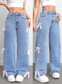 SHEIN Tall Women's Sweet Loose Wide Leg Bow-Knot Blue Y2k Clothes New Years Baggy Jeans, Fall Women Clothes - Medium Wash - View 1