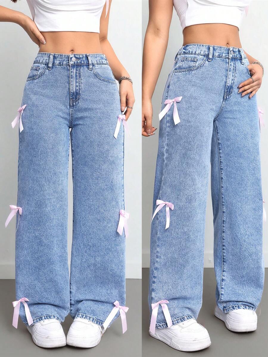 SHEIN Tall Women's Sweet Loose Wide Leg Bow-Knot Blue Y2k Clothes New Years Baggy Jeans, Fall Women Clothes - Medium Wash - View 1