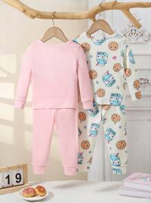 SHEIN 4pcs Baby Girl Cozy Home Outfit Set: Long Sleeve T-Shirt, Leggings With Delicious Drink, Sweet Food Print, Casual & Comfortable