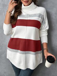 SHEIN Clasi 大码女式高领拼色条纹拼接宽松套头毛衣，休闲居家户外秋冬季 - 酒紅色 - 查看 5