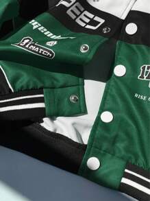 SHEIN Baby Boy Green And Black Color Block Casual Sports Streetwear Motorcycle Jacket, Suitable For Home, Outgoing And Sports, Spring/Autumn/Winter