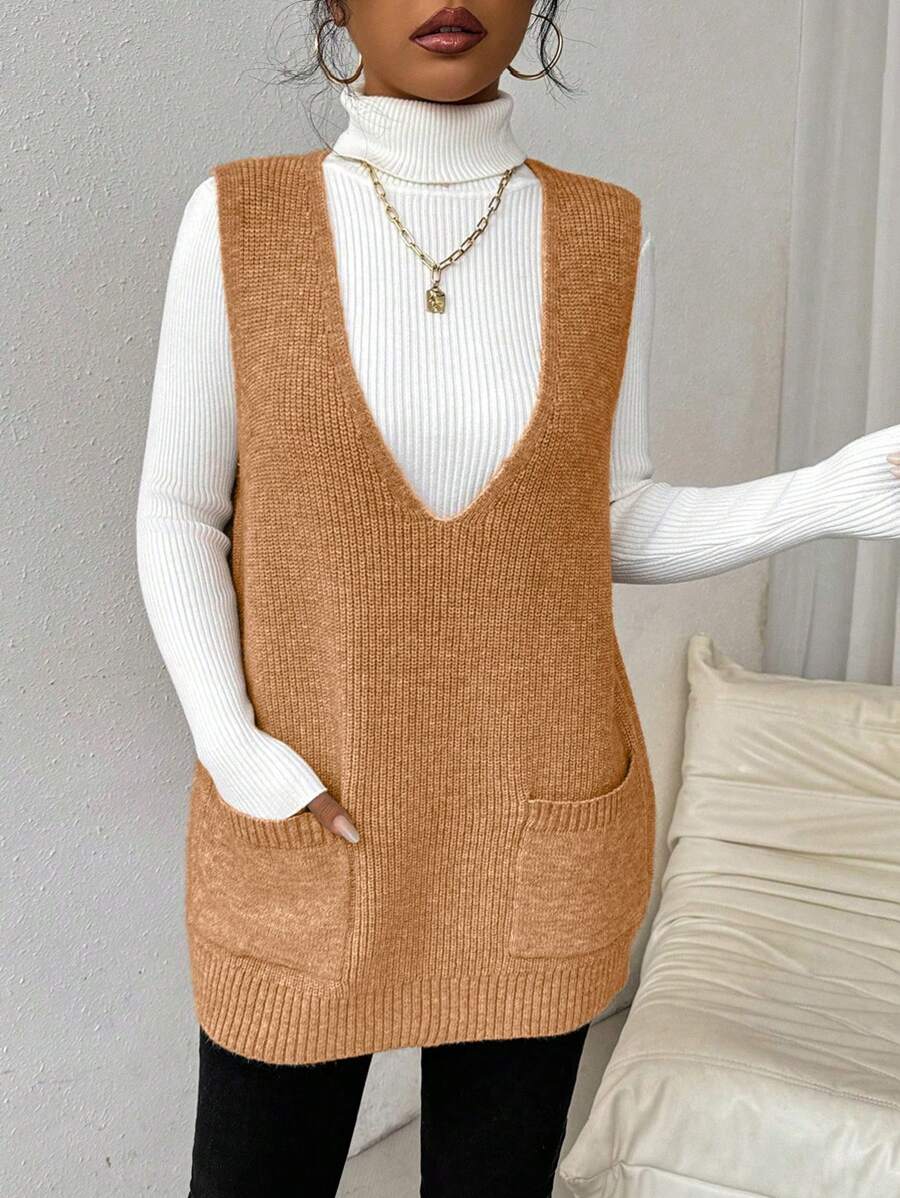 Chiquease Áo len dệt kim dáng rộng cổ chữ V sâu màu trơn có túi cho nữ, mùa thu/đông - Lạc đà - Xem 1