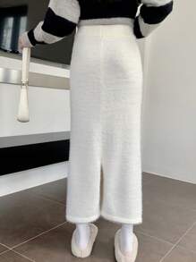 INAWLY Women's Solid Color Long Split Hem Knit Skirt, Autumn/Winter - Apricot - View 2