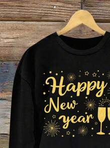 SHEIN LUNE Sudadera holgada de mujer con cuello redondo y estampado dorado minimalista y casual para otoño/invierno