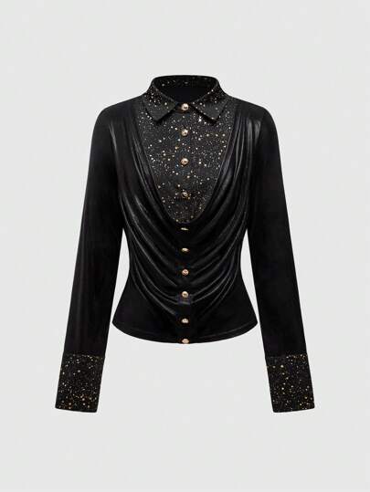 J-Fashion Gyaru Vintage Gold Foil Draped Neck Patchwork Shirt, Autumn/Winter