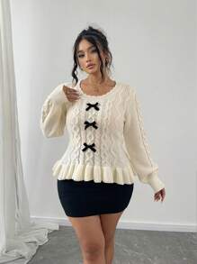 Flirla 大码圆领长袖套头毛衣，饰有蝴蝶结和荷叶边下摆，休闲时尚针织套头衫，秋冬季必备 - 杏色 - 查看 3