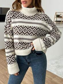 EURMUSE Oversized Turtleneck Fair Isle Pattern Winter Sweater - Beige - View 6