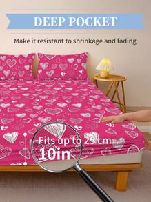 1pc Pink Hearts Fitted Sheet, Bedding, Mattress Protector, Bed Cover, Fitted Sheet, Comfortable Home Textile, Breathable Anti-Pilling Mattress Protector, Geometric Pattern Bed Cover, Home Decor, Fits All Bed Sizes, OEKO-TEX - Pink - View 5