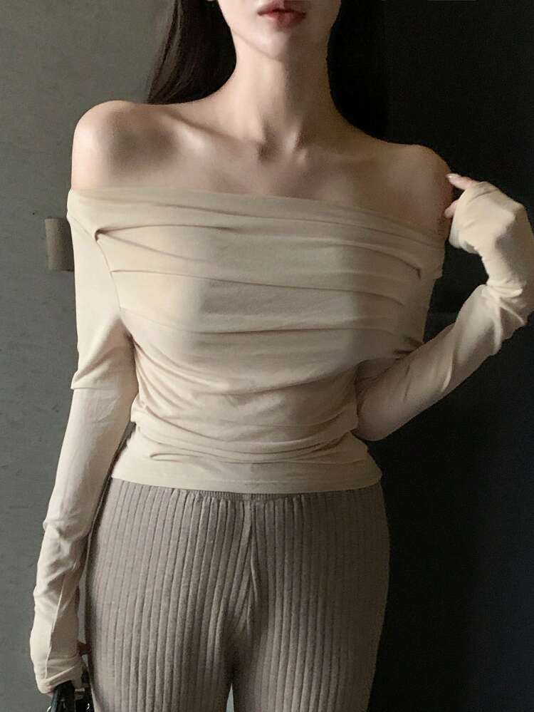 Fashion Off-Shoulder Long Sleeve Ruched Fitted Women T-Shirt,Fall Women Clothes