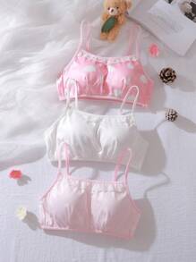 3pcs Tank Top & Bra Set, Removable Pads, Lace Trim, Soft, Lightweight, Cloud-Like, Girls Lingerie, Pink, White - Multicolor - View 5