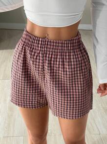 Muchica 女士松紧腰格子休闲短裤，日常穿着 - 藕粉色 - 查看 3