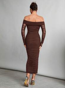 SHEIN Tall Autumn And Winter Off-Shoulder Ruffled Mesh Sexy Tight Date Black Sleeve Long Dress - Brown - View 2