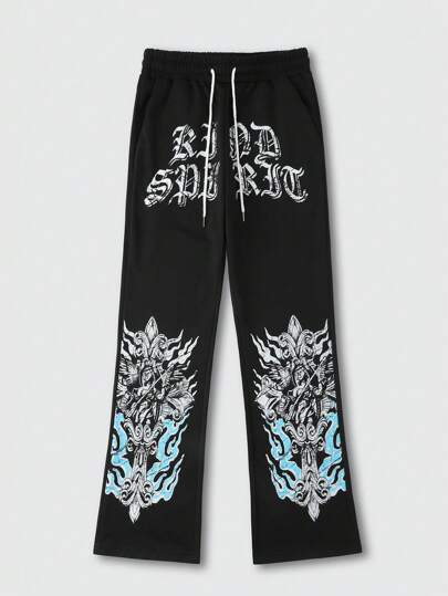 Street Life Pantalones casuales con pierna acampanada y cordón ajustable en la cintura con estampado de letra para hombres