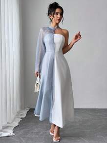 SHEIN Privé Light Blue And White,Autumn,Elegant,Formal Women's Mesh Overlay Single Bell-Sleeve Strapless A-Line Dress Luxurious New Year Party Date - Blue and White - View 8