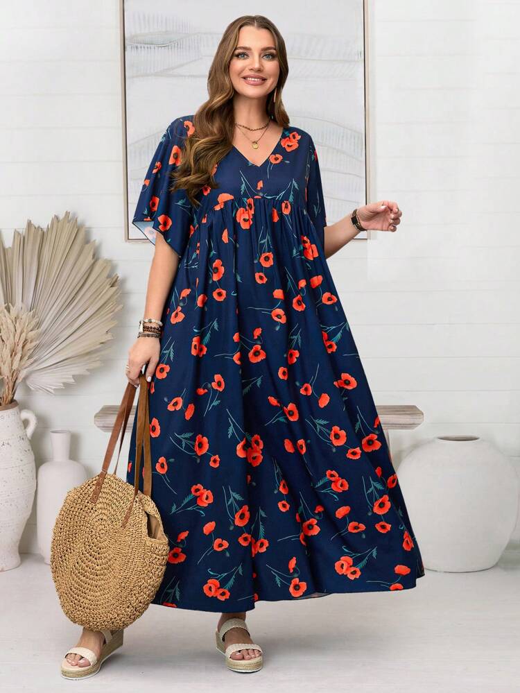 Plus Size Floral Print Summer Vacation Dresses For Women