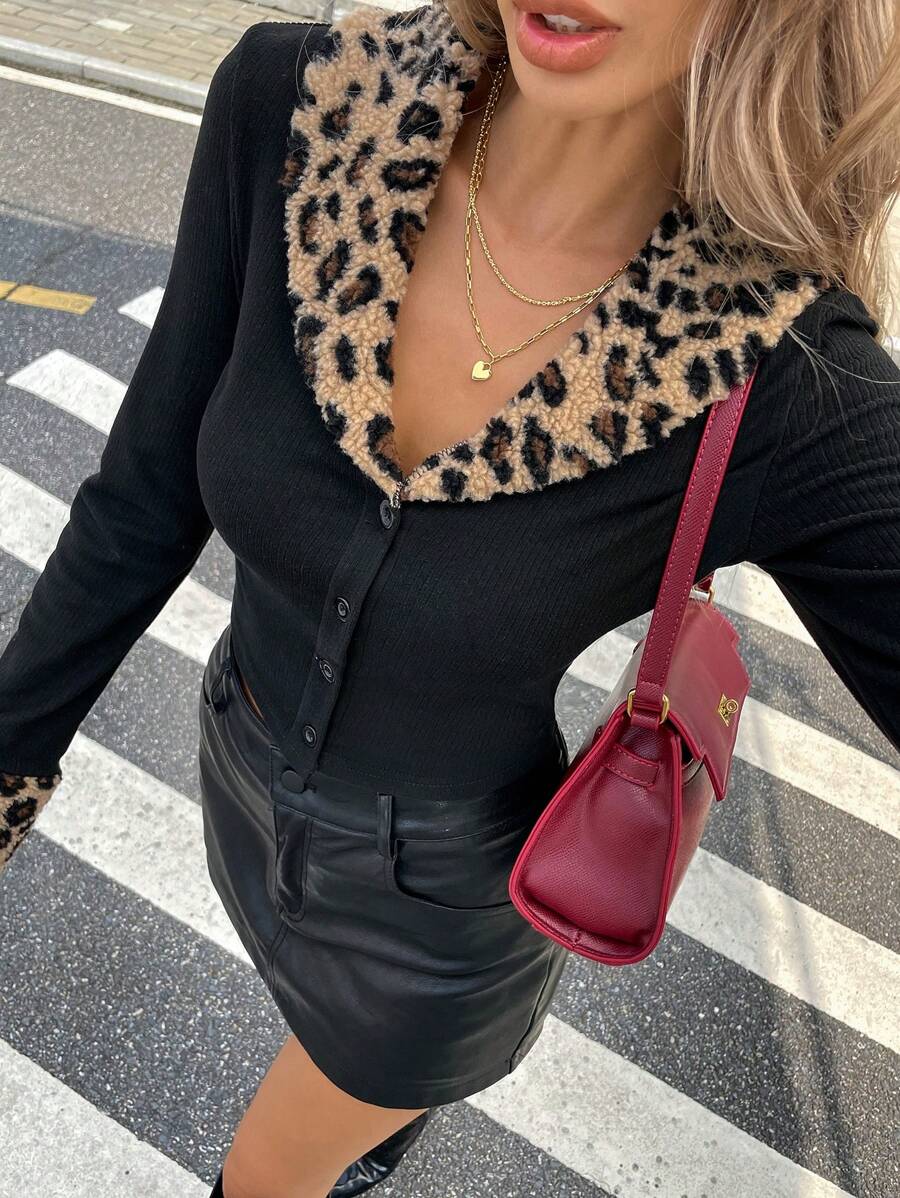 SHEIN Frenchy T-shirt décontracté sexy col V imprimé léopard grande taille pour femmes