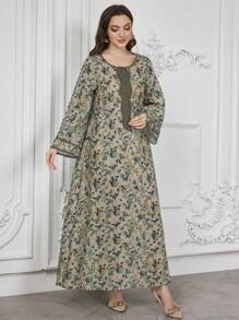 Al Najma Round Neck Floral Patchwork Solid Color Fringed Edge Abaya Dress With Headscarf, Modest - Green - View 5