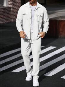 Manfinity CasualCool 2pcs Set Men's Corduroy Work Shirt & Pants, Fall Clothes - White - View 5