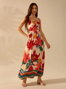 CAJUNI 女式波西米亚风彩色热带花卉印花细肩带休闲连衣裙，适合夏季度假 - 彩色 - 查看 3