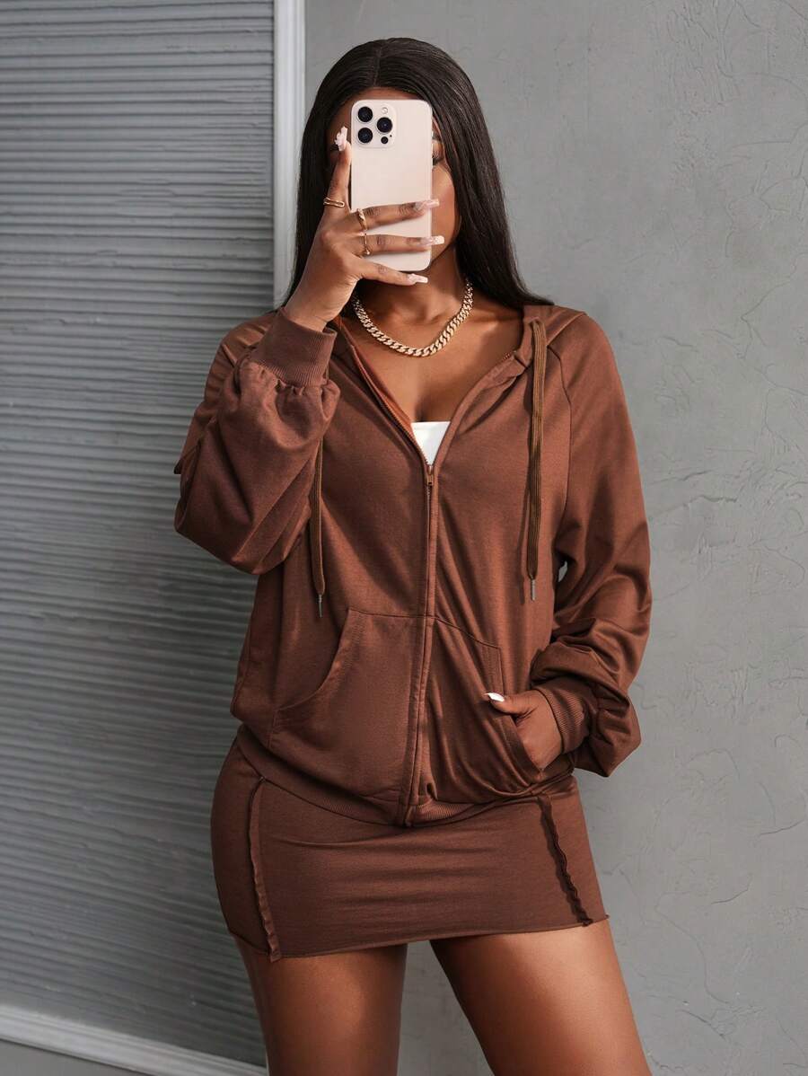 Slaydiva Simple Casual Hoodie Jacket With Raglan Sleeves And Zipper, Paired With A Mini Skirt Sweatsuit Set - Brown - View 1