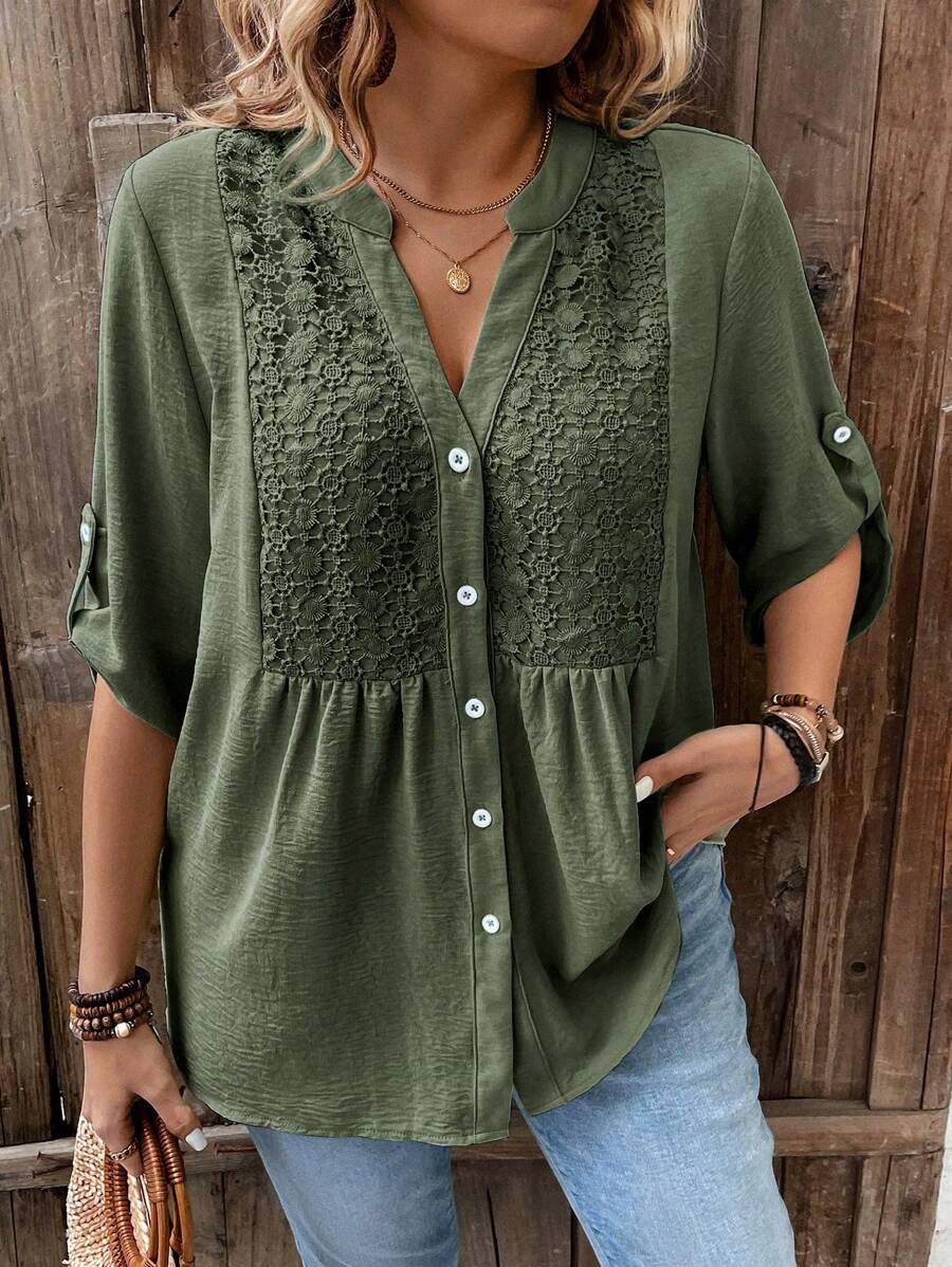 Weeklong Plus Size V-Neck Contrast Lace 3/4 Sleeve Casual Vacation Shirt With Button Closure Design, For Summer - Army Green - View 1