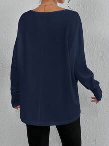 SHEIN Frenchy Áo thun tay cánh dơi cổ chữ V màu trơn, thường ngày mùa thu - Màu xanh hải quân - Xem 2