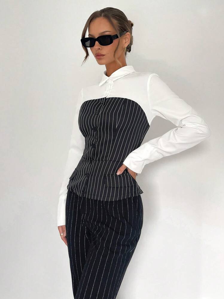 SHEIN Essnce Office Siren 2 In 1 Spliced ​​Bra Shirt, Waisted Short Long-Sleeved Shirt, Office Commuting Wear - Black and White - View 4