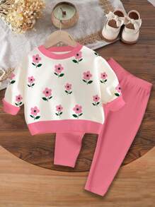 SHEIN Happikins Cute & Sweet Cartoon Flower Print Soft Thick Baby Girl Casual Crew Neck Long Sleeve Sweatshirt And Leggings Set, Suitable For Autumn/Winter - Multicolor - View 2