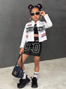 Set da ragazza casual e versatile, composto da giacca con stampa icona di motocicletta da strada americana + gonna aderente - Multicolore - Visualizzare 7