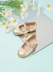 婴儿钩环金色花朵装饰简约平底鞋 - 金色 - 查看 2