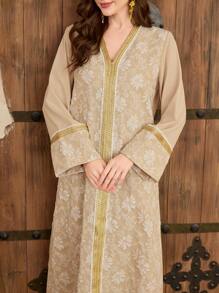 Al Najma Women's V-Neck Jacquard Textured Modest Elegant Turkish Dress, Arabic Traditional Long Dress, Spring/Summer, Kaftan