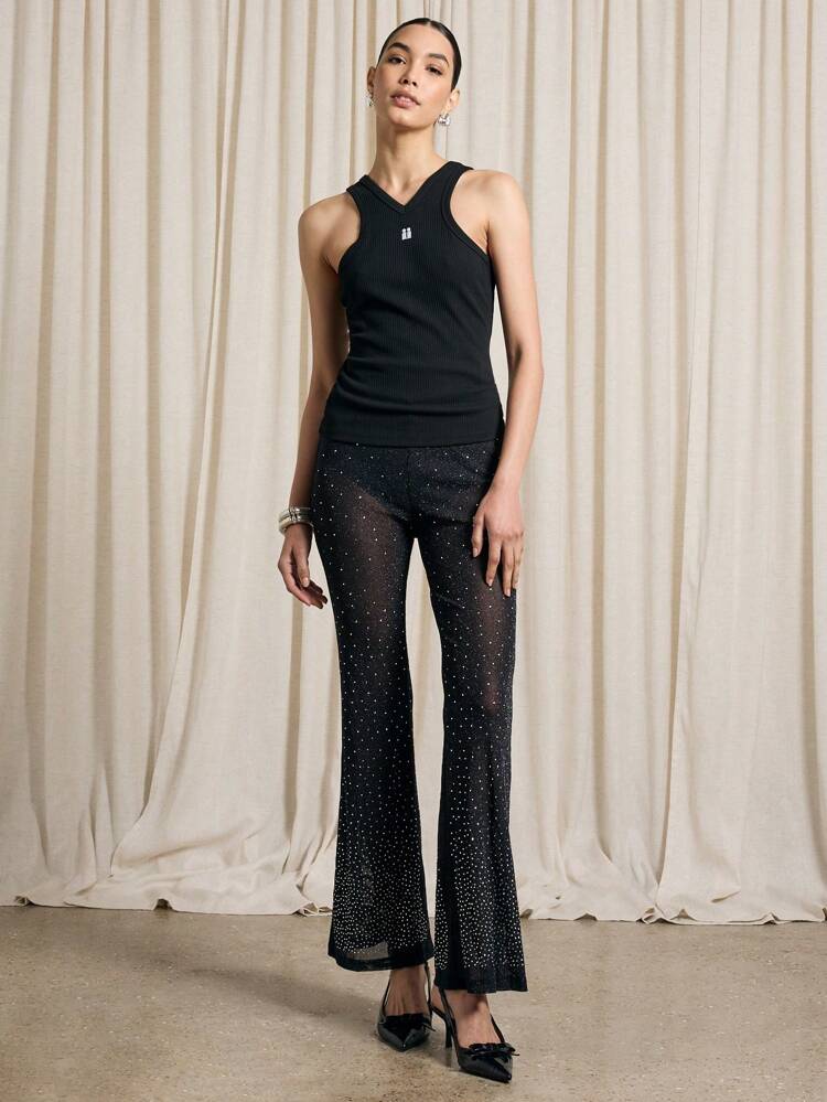 Rave Rhinestone Sheer Flared Trousers