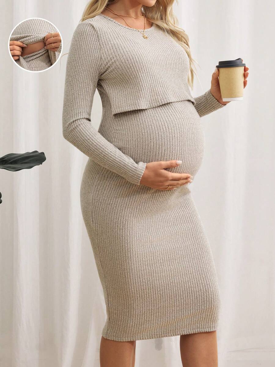 SHEIN Maternity Nursing Detail Mock Neck Ribbed Knit Bodycon Dress - Apricot - View 1