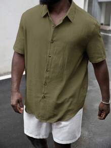 Manfinity RebelGame Plus Size Casual Woven Short Sleeve Shirt - Army Green - View 1