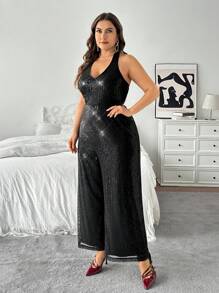 SHEIN Privé Sequin Halter Jumpsuit With Wide Leg, Black, Plus Size, Perfect For Valentine's Day Party, New Year's Party, Dinner, Important Occasions, New Arrival