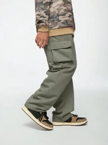 SHEIN Tween Boy Casual Loose Solid Color Cargo Pants, Suitable For Kids Everyday Wear, School, Gatherings, Skateboarding, And Playing - Army Green - View 3