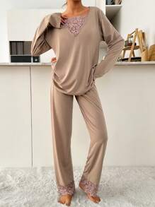 RueChic 2pcs Cotton Contrast Colour Lace Detail Homewear PJ Set - Brown - View 5
